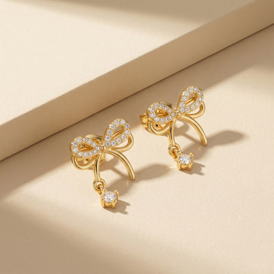 Dainty Gold Plated Pave Crystal Ribbon Bow Stud Earrings with Solitaire Zirconia Dangle