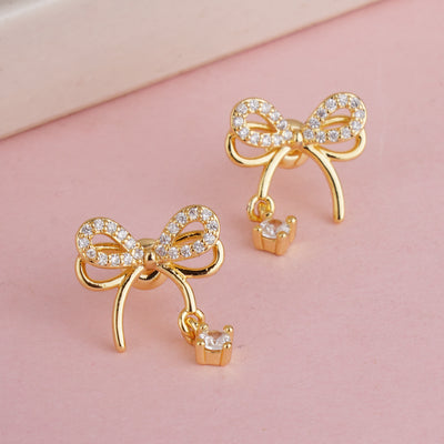 Dainty Gold Plated Pave Crystal Ribbon Bow Stud Earrings with Solitaire Zirconia Dangle - Second Image