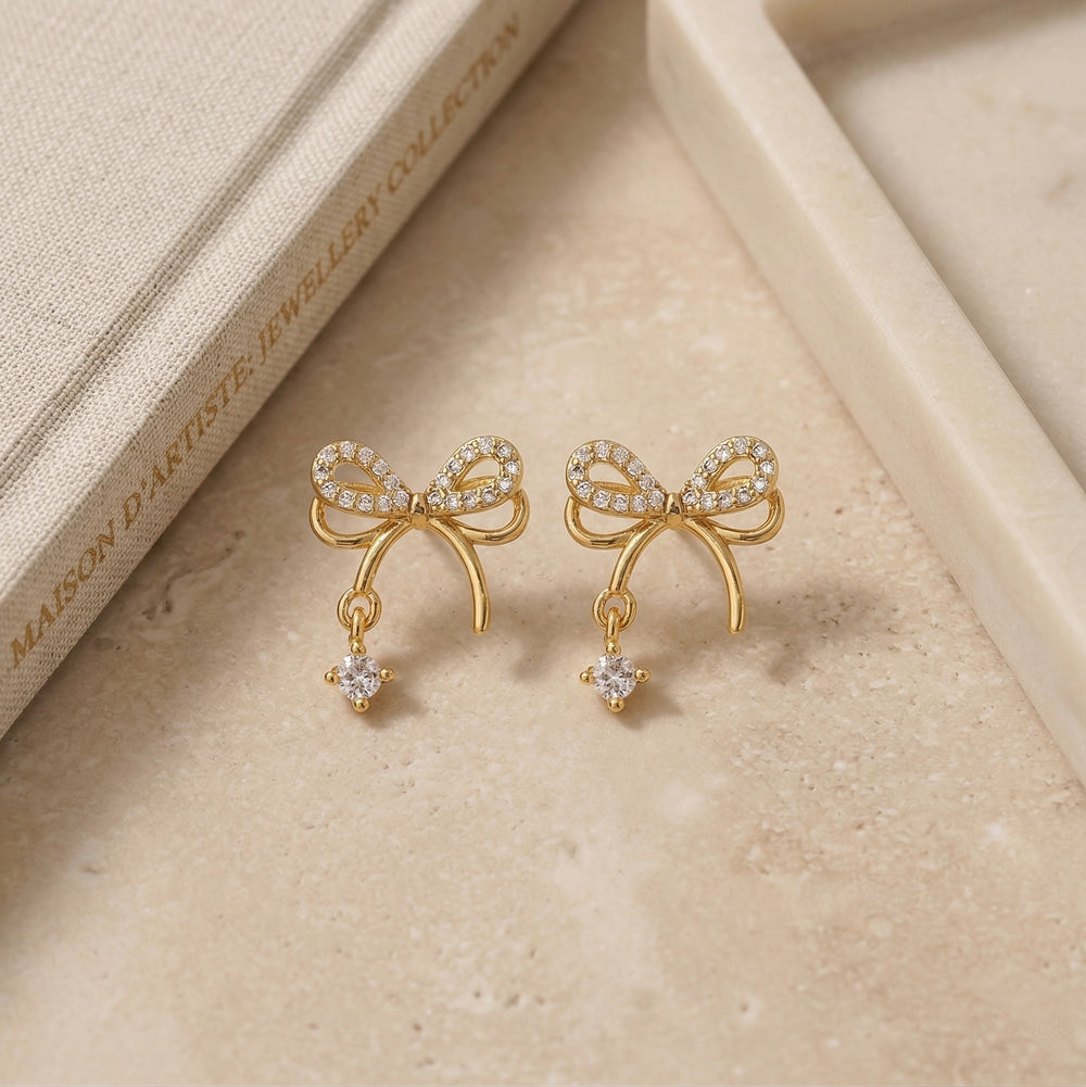 Dainty Gold Plated Pave Crystal Ribbon Bow Stud Earrings with Solitaire Zirconia Dangle
