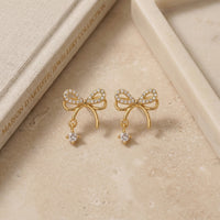 Dainty Gold Plated Pave Crystal Ribbon Bow Stud Earrings with Solitaire Zirconia Dangle