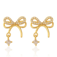Dainty Gold Plated Pave Crystal Ribbon Bow Stud Earrings with Solitaire Zirconia Dangle
