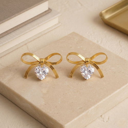 Designer Gold Plated Flat Snake Chain Ribbon Bow Earrings with Sparkling Heart-Cut Crystal