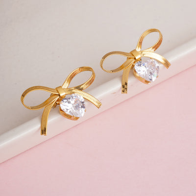 Designer Gold Plated Flat Snake Chain Ribbon Bow Earrings with Sparkling Heart-Cut Crystal - Second Image