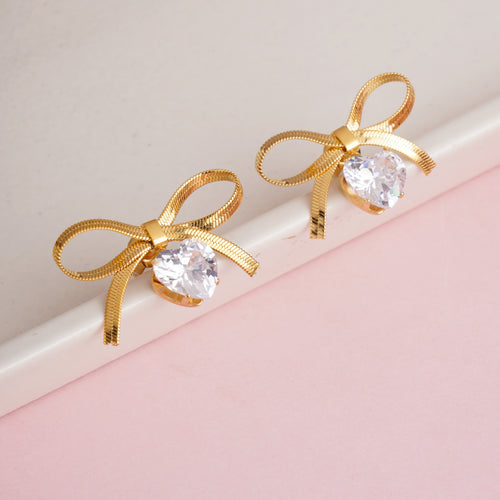 Designer Gold Plated Flat Snake Chain Ribbon Bow Earrings with Sparkling Heart-Cut Crystal
