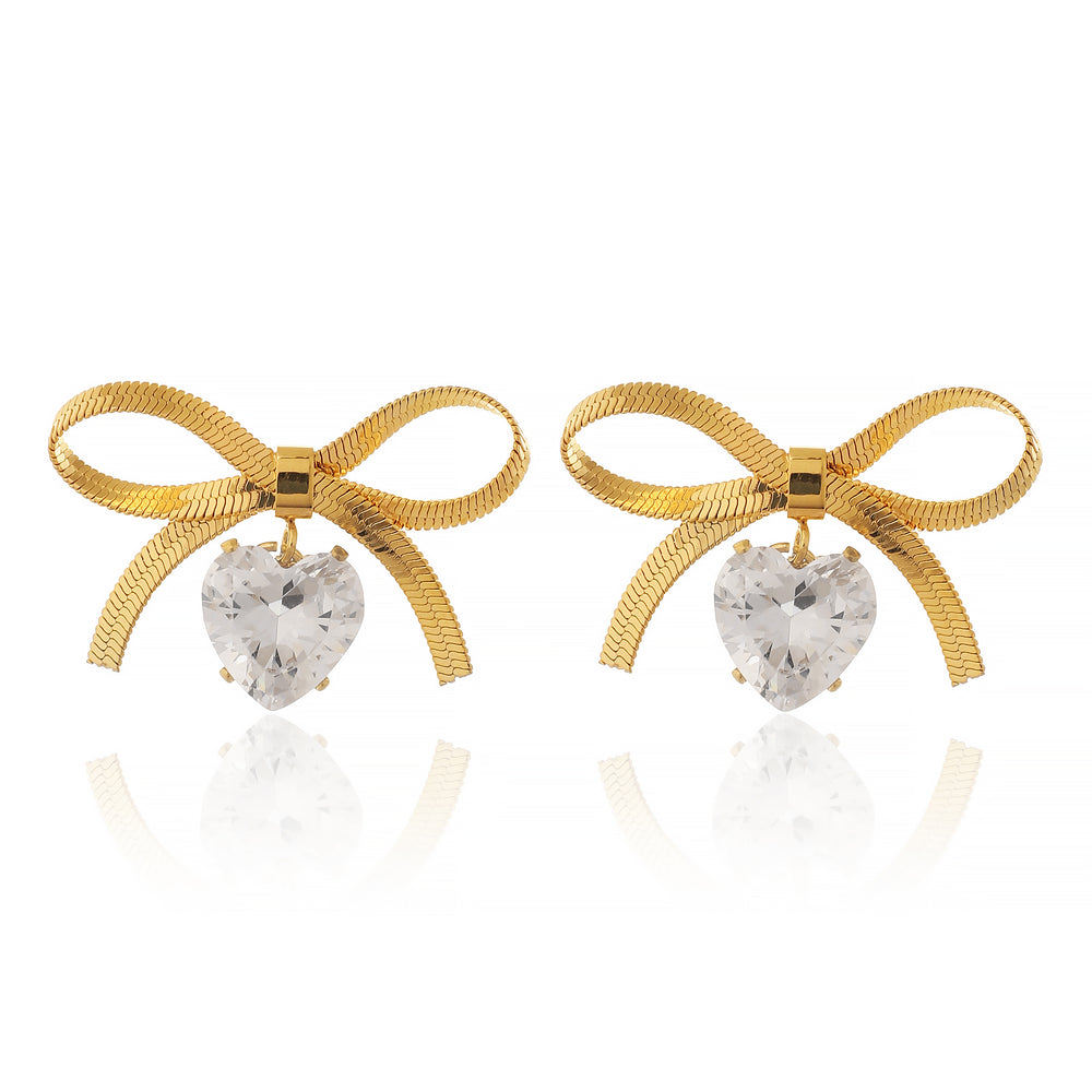 Designer Gold Plated Flat Snake Chain Ribbon Bow Earrings with Sparkling Heart-Cut Crystal