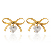 Designer Gold Plated Flat Snake Chain Ribbon Bow Earrings with Sparkling Heart-Cut Crystal