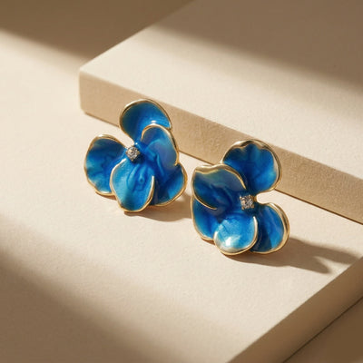 Artistic Gold Plated Blue Ombre Enamel Flower Stud Earrings with Centered Crystal Accent