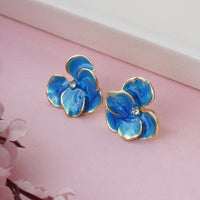 Artistic Gold Plated Blue Ombre Enamel Flower Stud Earrings with Centered Crystal Accent