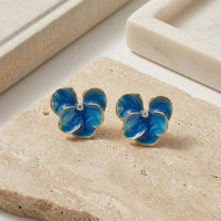 Artistic Gold Plated Blue Ombre Enamel Flower Stud Earrings with Centered Crystal Accent