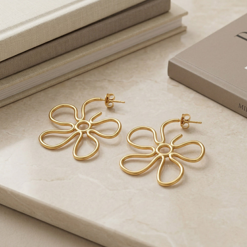 Bold Gold Plated Hollow Out Graphic Floral Hoop Earrings