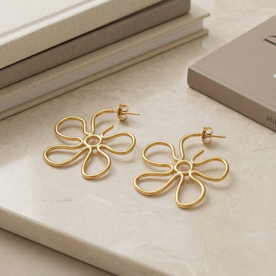 Bold Gold Plated Hollow Out Graphic Floral Hoop Earrings
