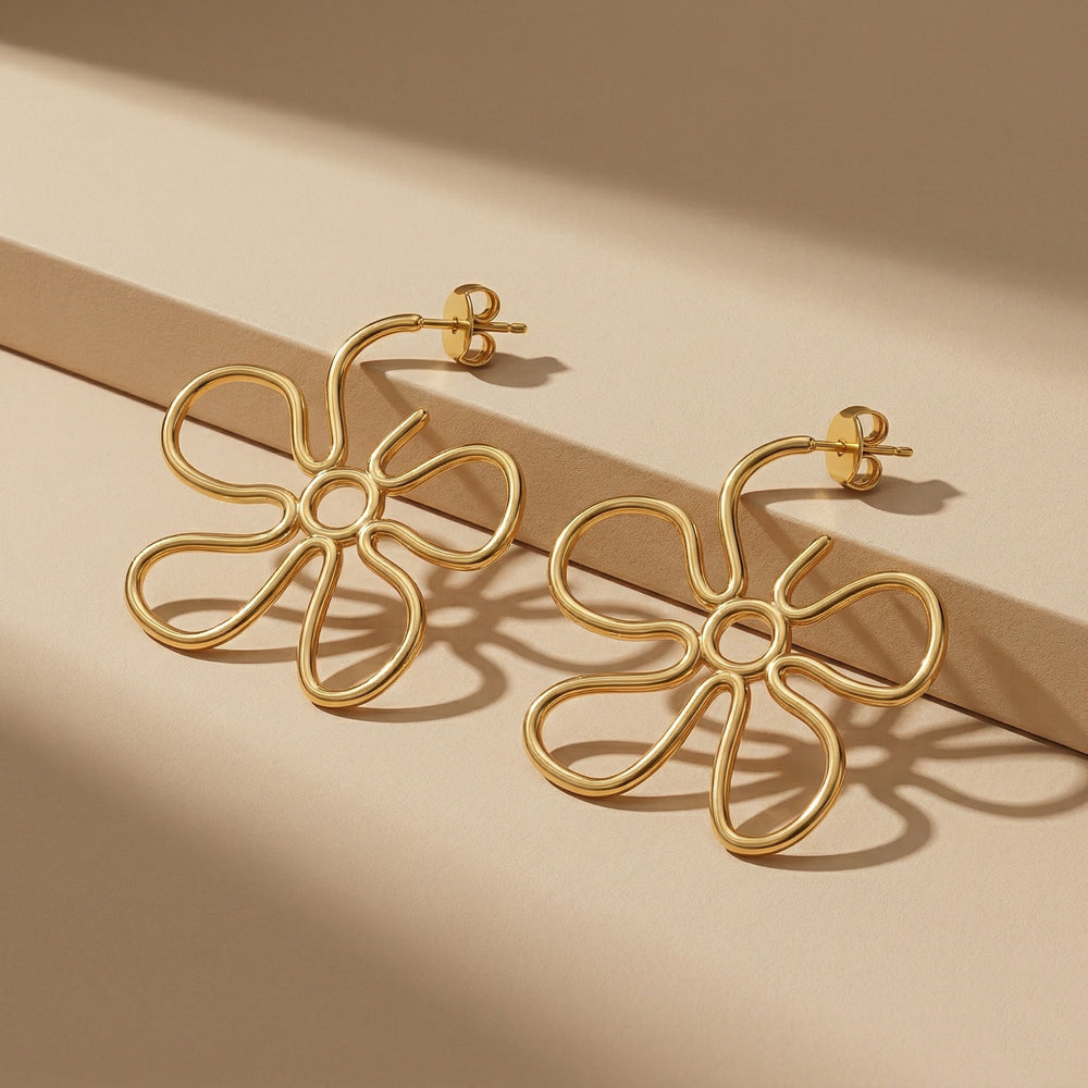 Bold Gold Plated Hollow Out Graphic Floral Hoop Earrings