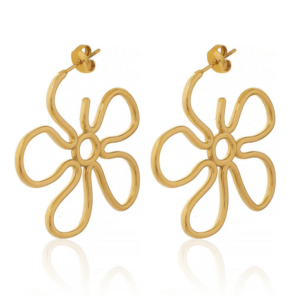 Bold Gold Plated Hollow Out Graphic Floral Hoop Earrings