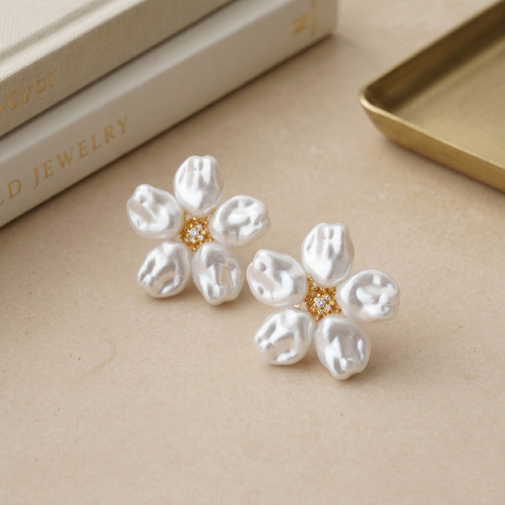 Romantic Gold Plated 5-Petal Flower Stud Earrings with Baroque Style White Shell petals