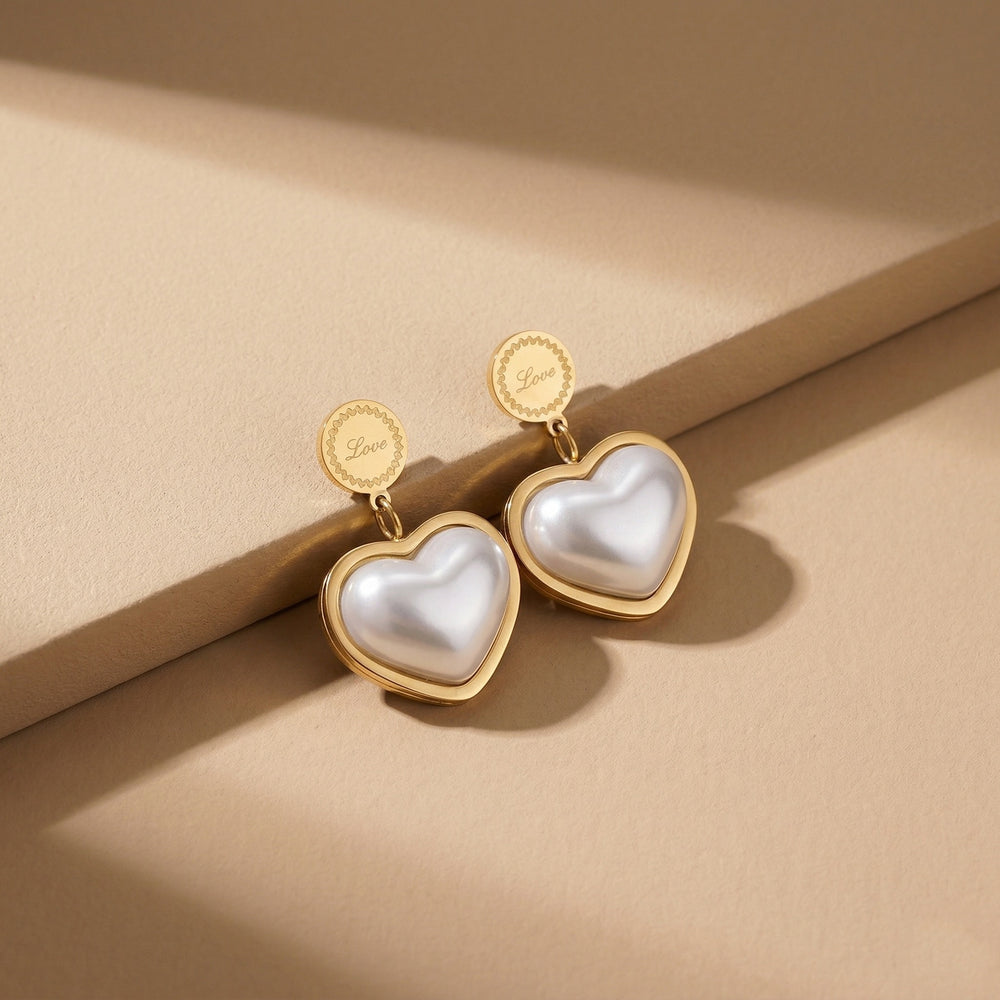 Vintage Gold Plated Heart Drop Earrings with Iridescent Mother of Pearl Inlay