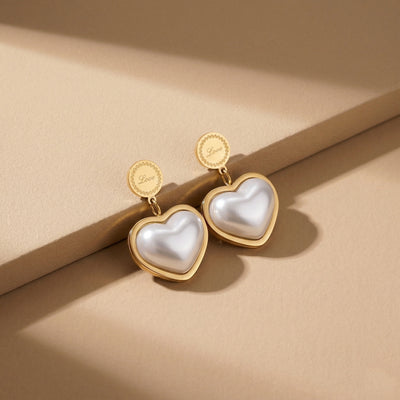 Vintage Gold Plated Heart Drop Earrings with Iridescent Mother of Pearl Inlay