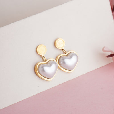Vintage Gold Plated Heart Drop Earrings with Iridescent Mother of Pearl Inlay - Second Image