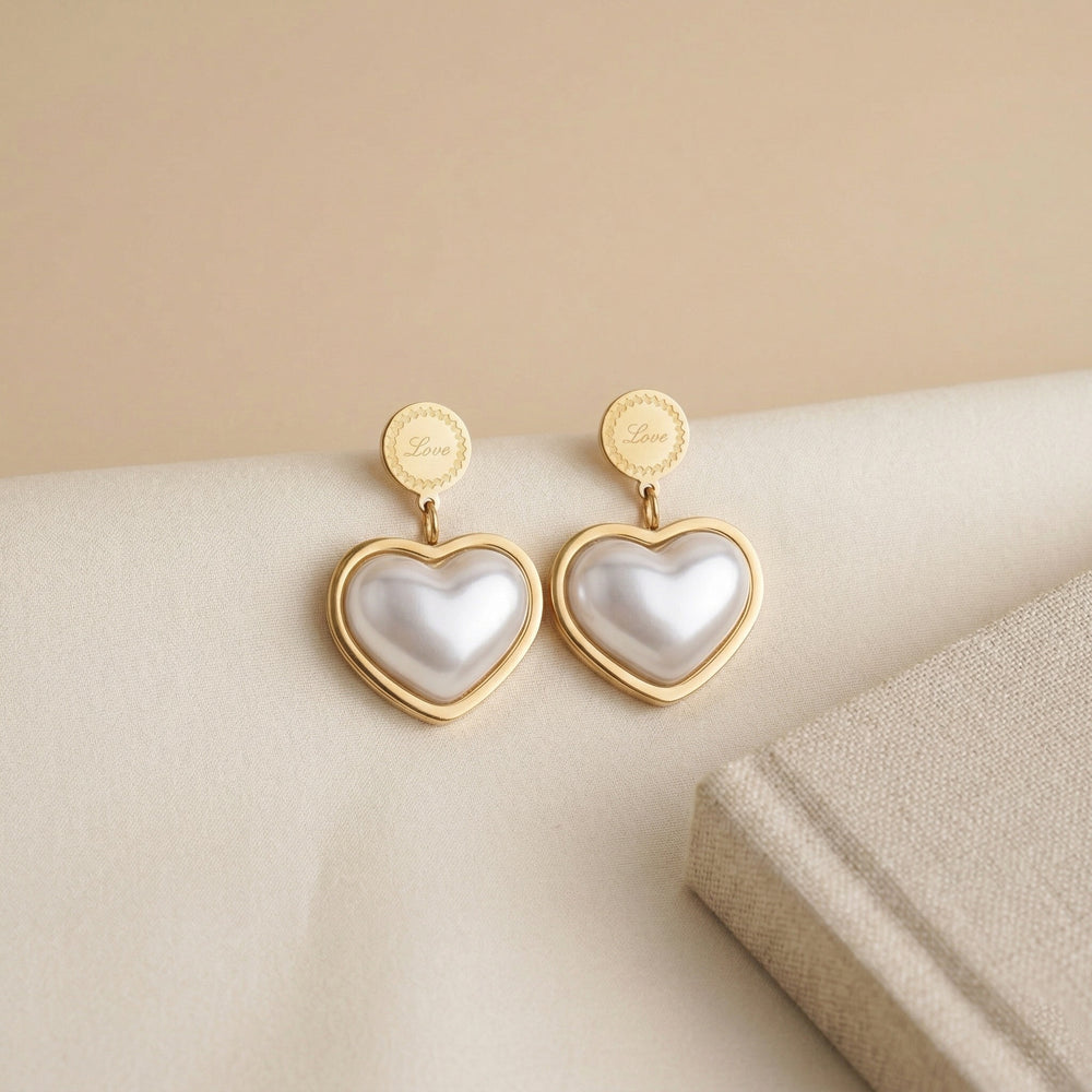 Vintage Gold Plated Heart Drop Earrings with Iridescent Mother of Pearl Inlay