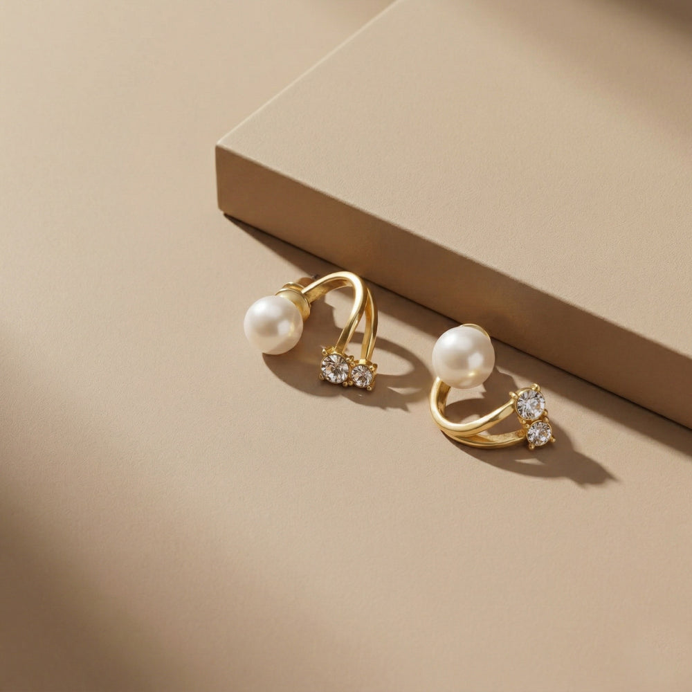 Modern Gold Plated Dual-Row Earrings with White Pearl and Sparkling Crystal Accents