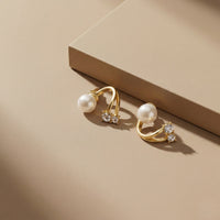 Modern Gold Plated Dual-Row Earrings with White Pearl and Sparkling Crystal Accents