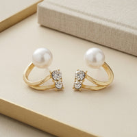 Modern Gold Plated Dual-Row Earrings with White Pearl and Sparkling Crystal Accents