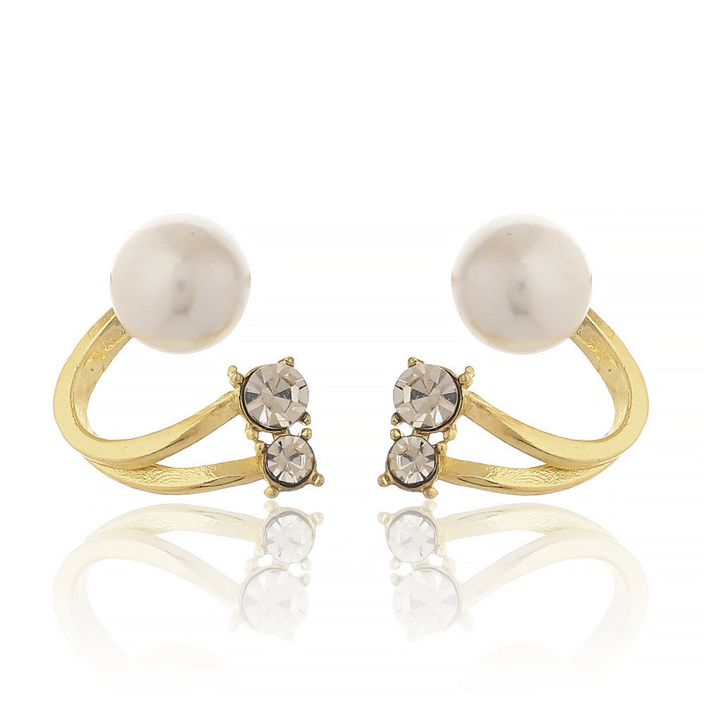 Modern Gold Plated Dual-Row Earrings with White Pearl and Sparkling Crystal Accents