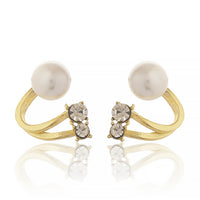Modern Gold Plated Dual-Row Earrings with White Pearl and Sparkling Crystal Accents