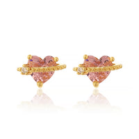 Whimsical Gold Plated Saturn Planet Stud Earrings with Heart-Cut Pink Morganite Crystal