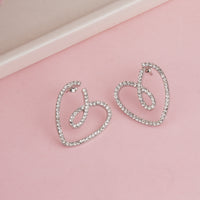 Elegant Rhodium Plated Open Heart Stud Earrings Encrusted with Brilliant White Zirconia