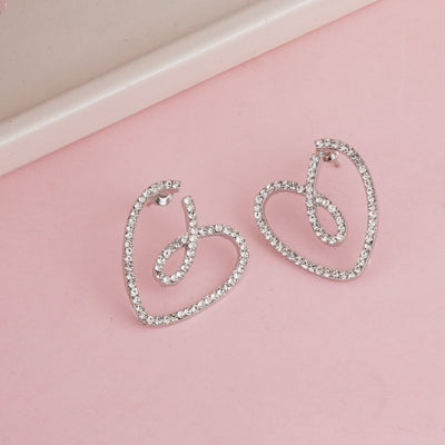 Elegant Rhodium Plated Open Heart Stud Earrings Encrusted with Brilliant White Zirconia - Second Image