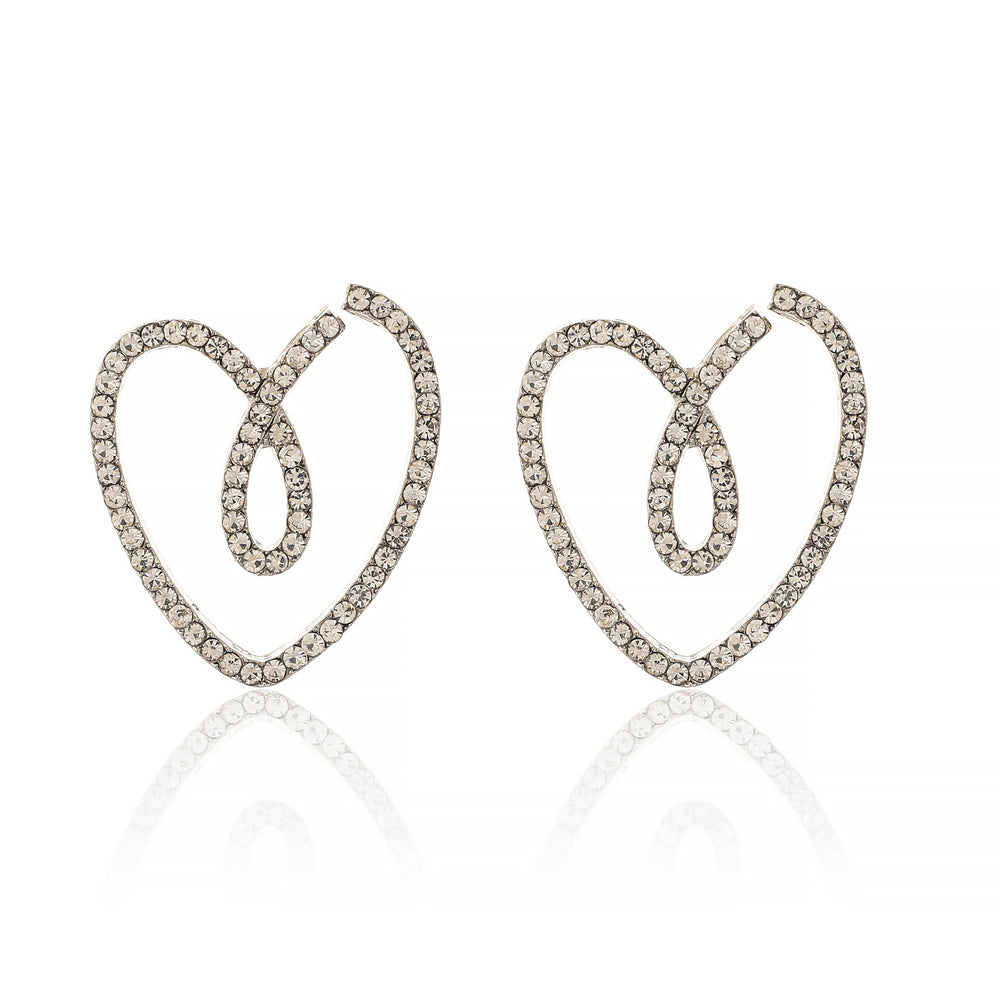 Elegant Rhodium Plated Open Heart Stud Earrings Encrusted with Brilliant White Zirconia