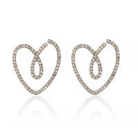 Elegant Rhodium Plated Open Heart Stud Earrings Encrusted with Brilliant White Zirconia