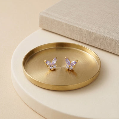Dainty Gold Plated Butterfly Stud Earrings with Marquise-Cut Pink Amethyst Crystals