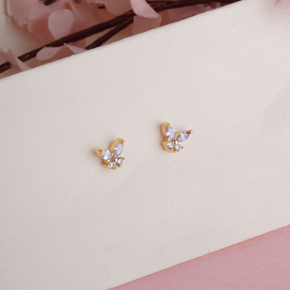Dainty Gold Plated Butterfly Stud Earrings with Marquise-Cut Pink Amethyst Crystals