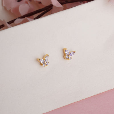 Dainty Gold Plated Butterfly Stud Earrings with Marquise-Cut Pink Amethyst Crystals - Second Image