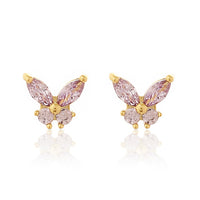 Dainty Gold Plated Butterfly Stud Earrings with Marquise-Cut Pink Amethyst Crystals