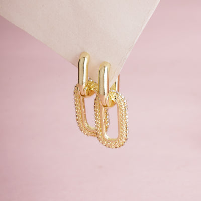 Trendy Gold Plated Double Link Chain Earrings with Pave-Set Crystal Texture - Second Image