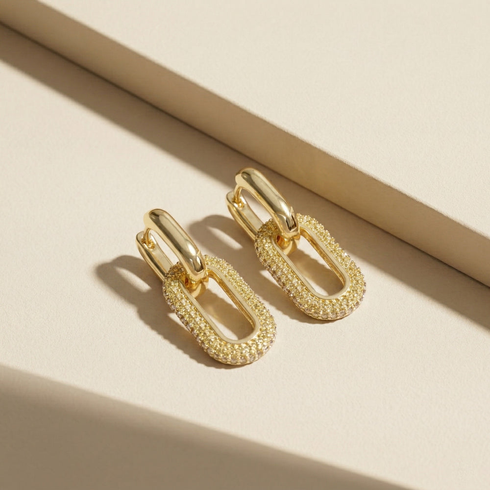 Trendy Gold Plated Double Link Chain Earrings with Pave-Set Crystal Texture