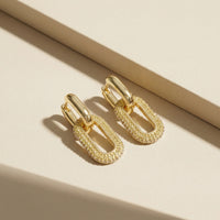 Trendy Gold Plated Double Link Chain Earrings with Pave-Set Crystal Texture