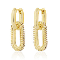 Trendy Gold Plated Double Link Chain Earrings with Pave-Set Crystal Texture