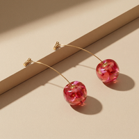 Unique Gold Plated Long Stem Cherry Drop Earrings with Red Dried Flower