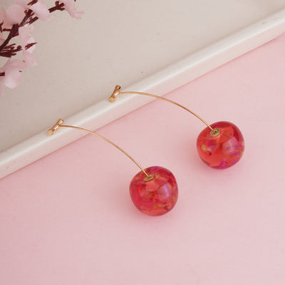 Unique Gold Plated Long Stem Cherry Drop Earrings with Red Dried Flower - Second Image