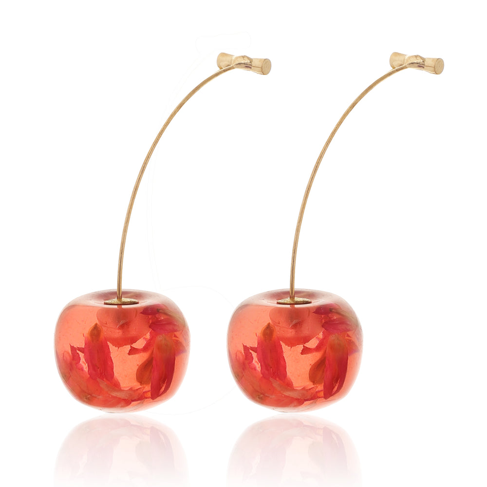 Unique Gold Plated Long Stem Cherry Drop Earrings with Red Dried Flower