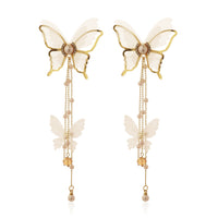 Luxury Gold Plated Multi-Layer Butterfly Dangle Earrings with Silk Wings, Seed Pearls