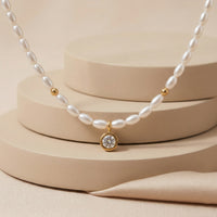 Luxury White Pearl Necklace with Solitaire Cubic Zirconia