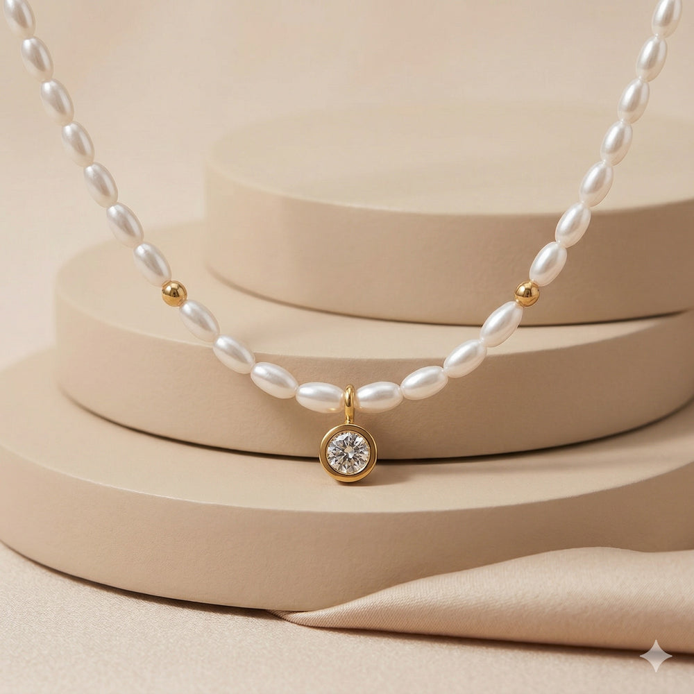 Luxury White Pearl Necklace with Solitaire Cubic Zirconia