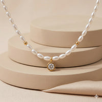 Luxury White Pearl Necklace with Solitaire Cubic Zirconia