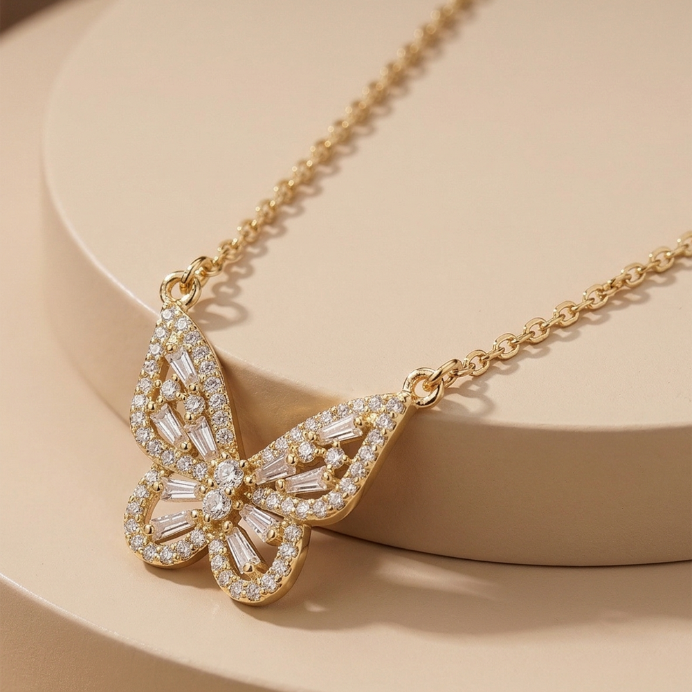 Sparkling Crystal Studded Butterfly Pendant Necklace