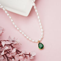 Vintage Style Pear Cut Emerald Drop Pendant on Pearl String