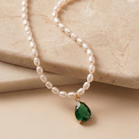Vintage Style Pear Cut Emerald Drop Pendant on Pearl String